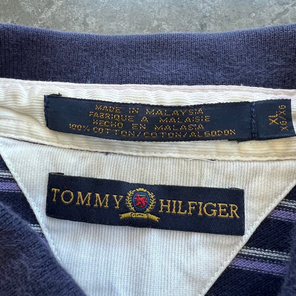 Tommy Hilfiger Vintage 90s Crest Polo Shirt Mens XL Navy Purple Stripe Cotton - Picture 4 of 7